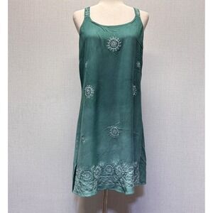Raya Sun Embroidered Shift Dress Womens M Green Boho Beaded Cottagecore Festival